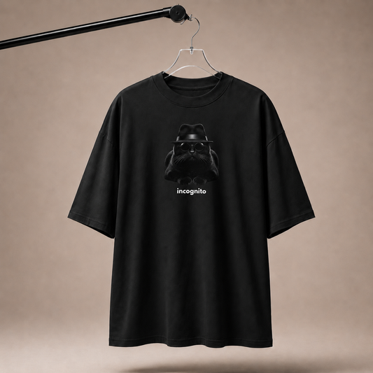 Black t-shirt with a graphic design on a beige background