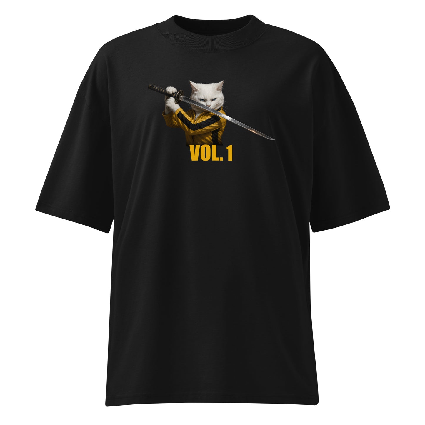 Black t-shirt with a graphic of a cat holding a sword and 'Vol. 1' text on a white background