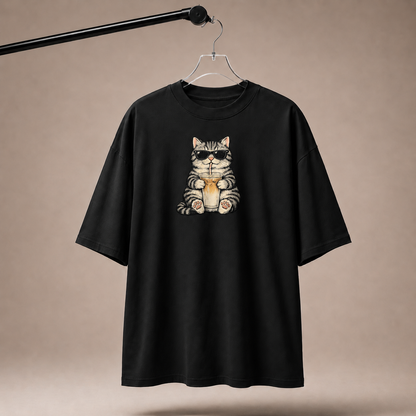 Black t-shirt with a cat graphic on a beige background