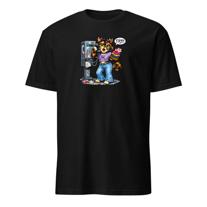 Black t-shirt with a colorful graphic of a bear on a payphone on a white background