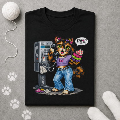Black t-shirt with a colorful cat design on a gray surface with paw prints.