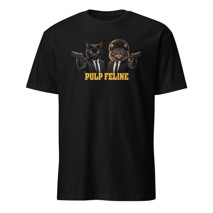 Black t-shirt with 'Pulp Feline' graphic featuring cats in suits holding guns on a white background.