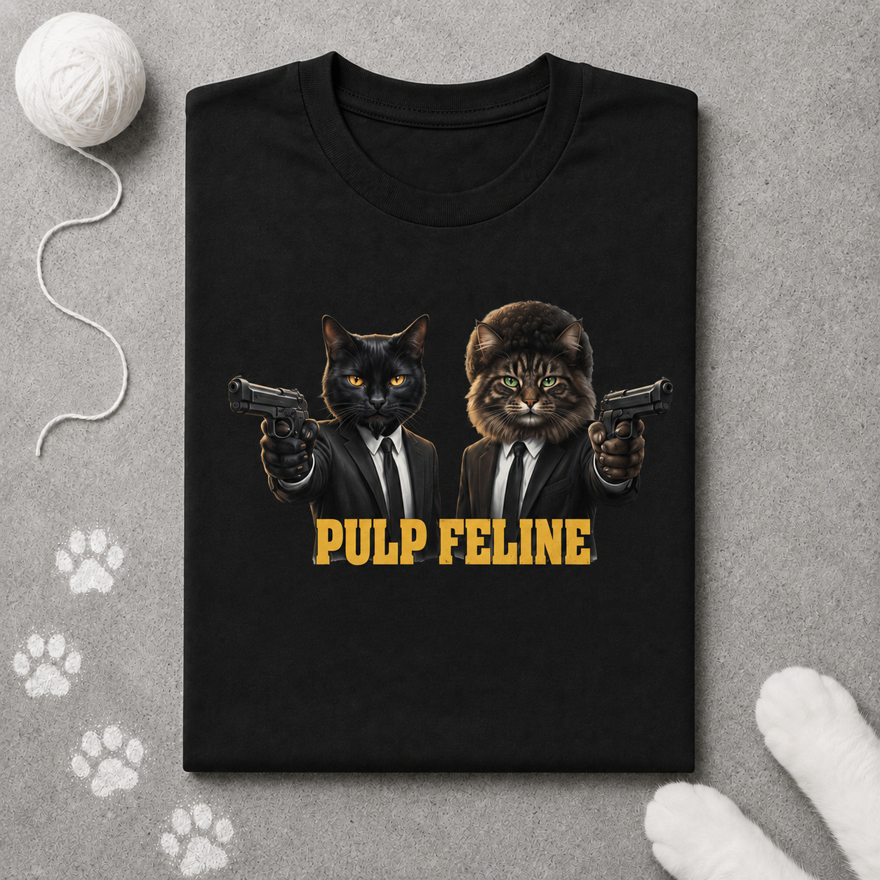 Black t-shirt with 'Pulp Feline' design featuring cats in suits holding guns, on a gray surface with paw prints.