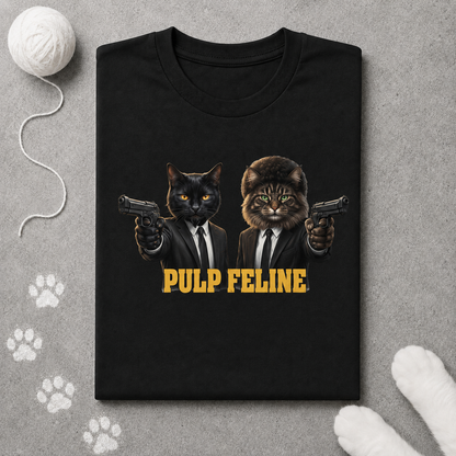Black t-shirt with 'Pulp Feline' design featuring cats in suits holding guns, on a gray surface with paw prints.