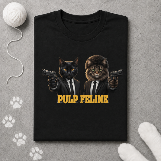 Black t-shirt with 'Pulp Feline' design featuring cats in suits holding guns, on a gray surface with paw prints.