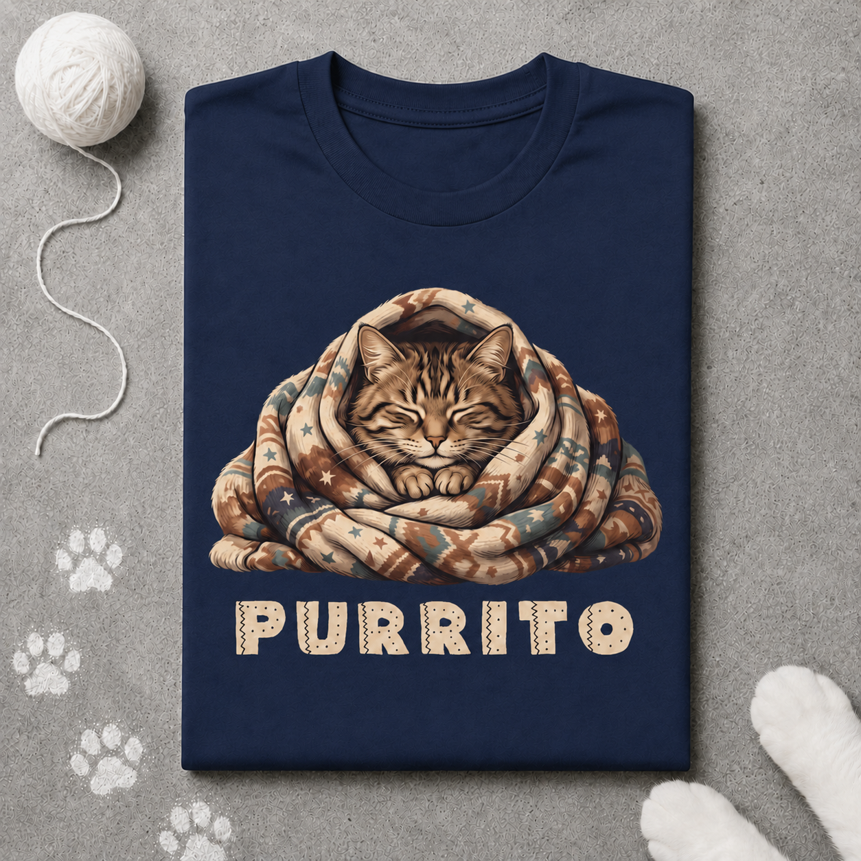 Navy blue t-shirt with a cat design and 'PURRITO' text on a gray surface with paw prints.