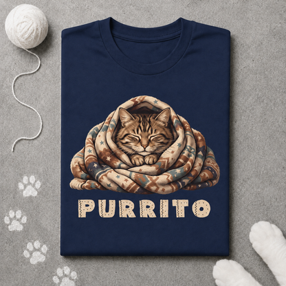 Navy blue t-shirt with a cat design and 'PURRITO' text on a gray surface with paw prints.