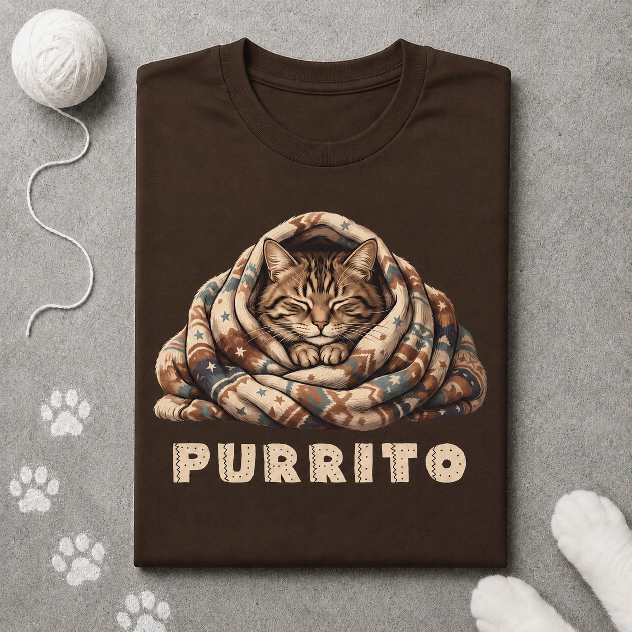 Brown t-shirt with a cat design and 'PURRITO' text on a gray surface with paw prints.