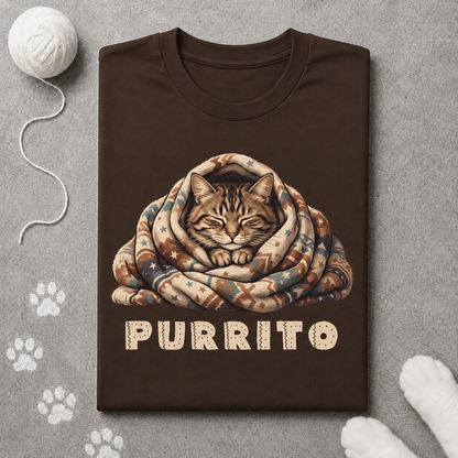 Brown t-shirt with a cat design and 'PURRITO' text on a gray surface with paw prints.