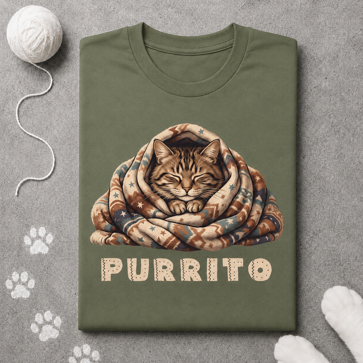Green t-shirt with a cat design labeled 'Purrito' on a gray background