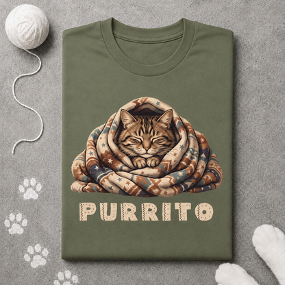 Green t-shirt with a cat design labeled 'Purrito' on a gray background