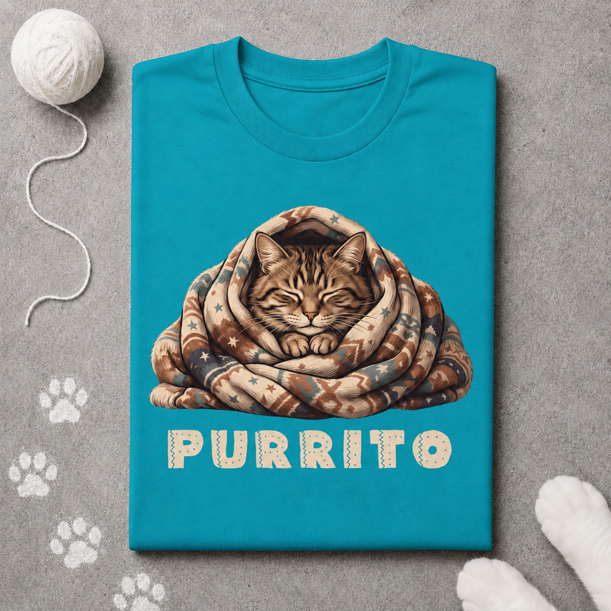 Blue t-shirt with a cat design and 'PURRITO' text on a gray background