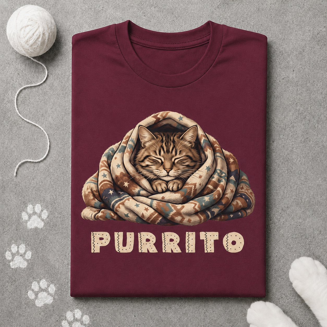 Maroon t-shirt with a cat design and 'PURRITO' text on a gray surface with paw prints.