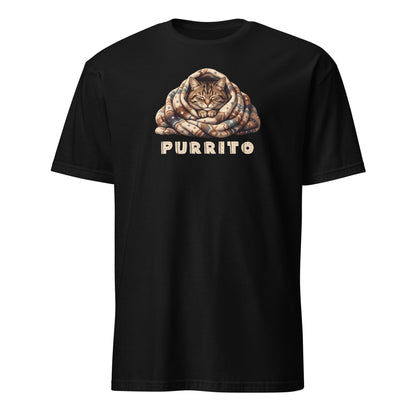 Black t-shirt with a graphic of a cat rolled up like a burrito and the word 'PURRITO' on a white background.