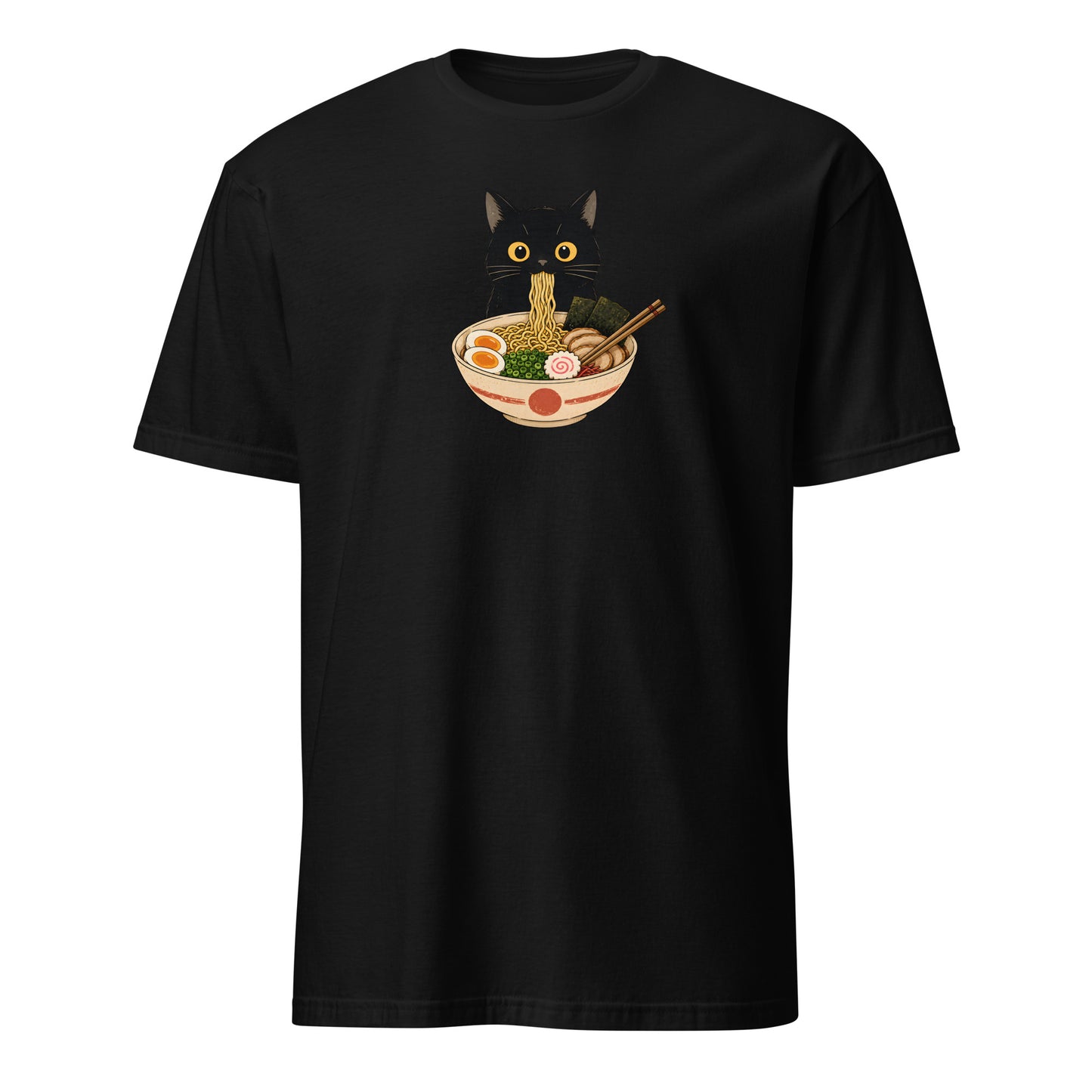 Black t-shirt with a cat eating ramen graphic on a white background