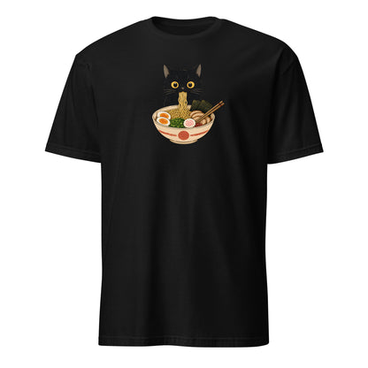 Black t-shirt with a cat eating ramen graphic on a white background