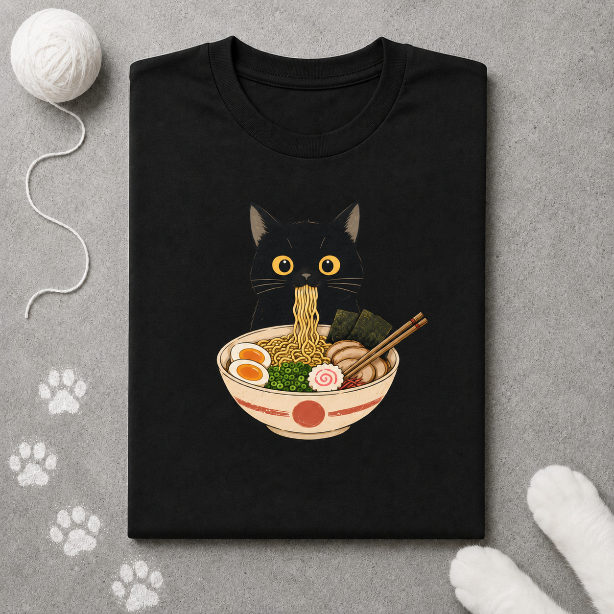 Black t-shirt with a cat eating ramen design on a gray background