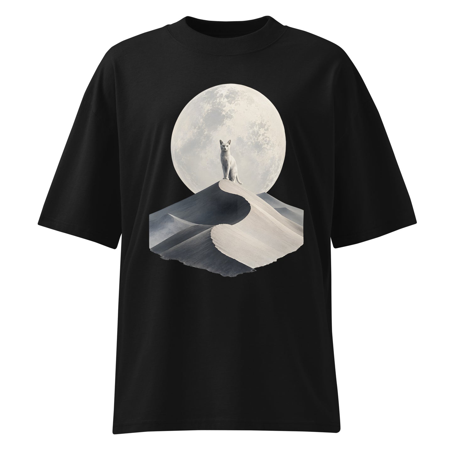 Black t-shirt with a graphic of a cat standing on a moonlit path.