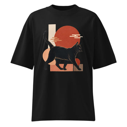 Black t-shirt with a graphic of a cat and abstract shapes on a white background