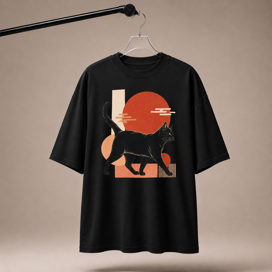 Black t-shirt with a graphic of a cat and abstract shapes on a beige background