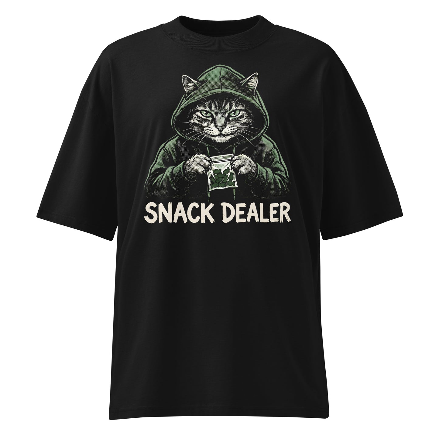 Black t-shirt with text on a white background