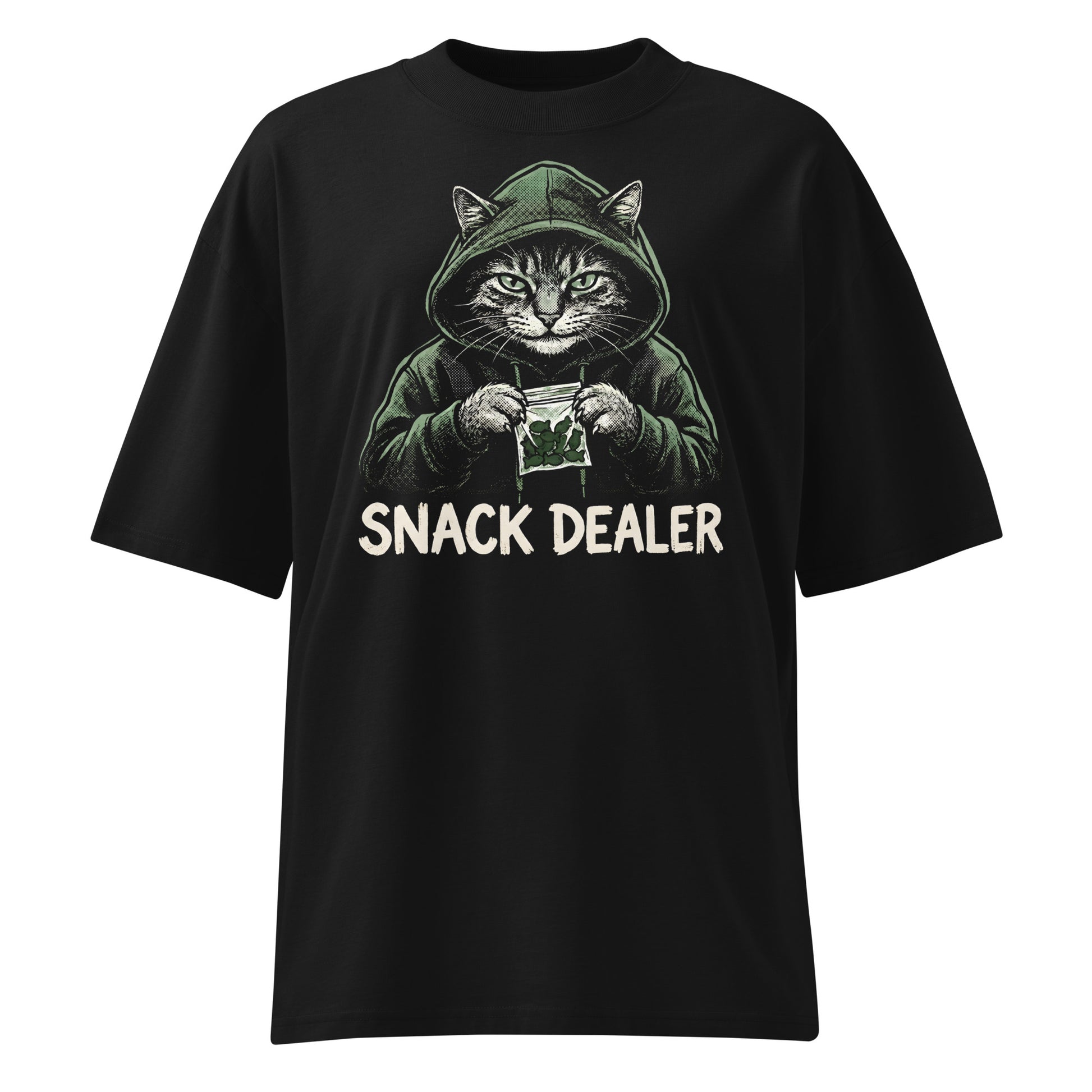 Black t-shirt with text on a white background