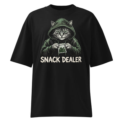 Black t-shirt with text on a white background