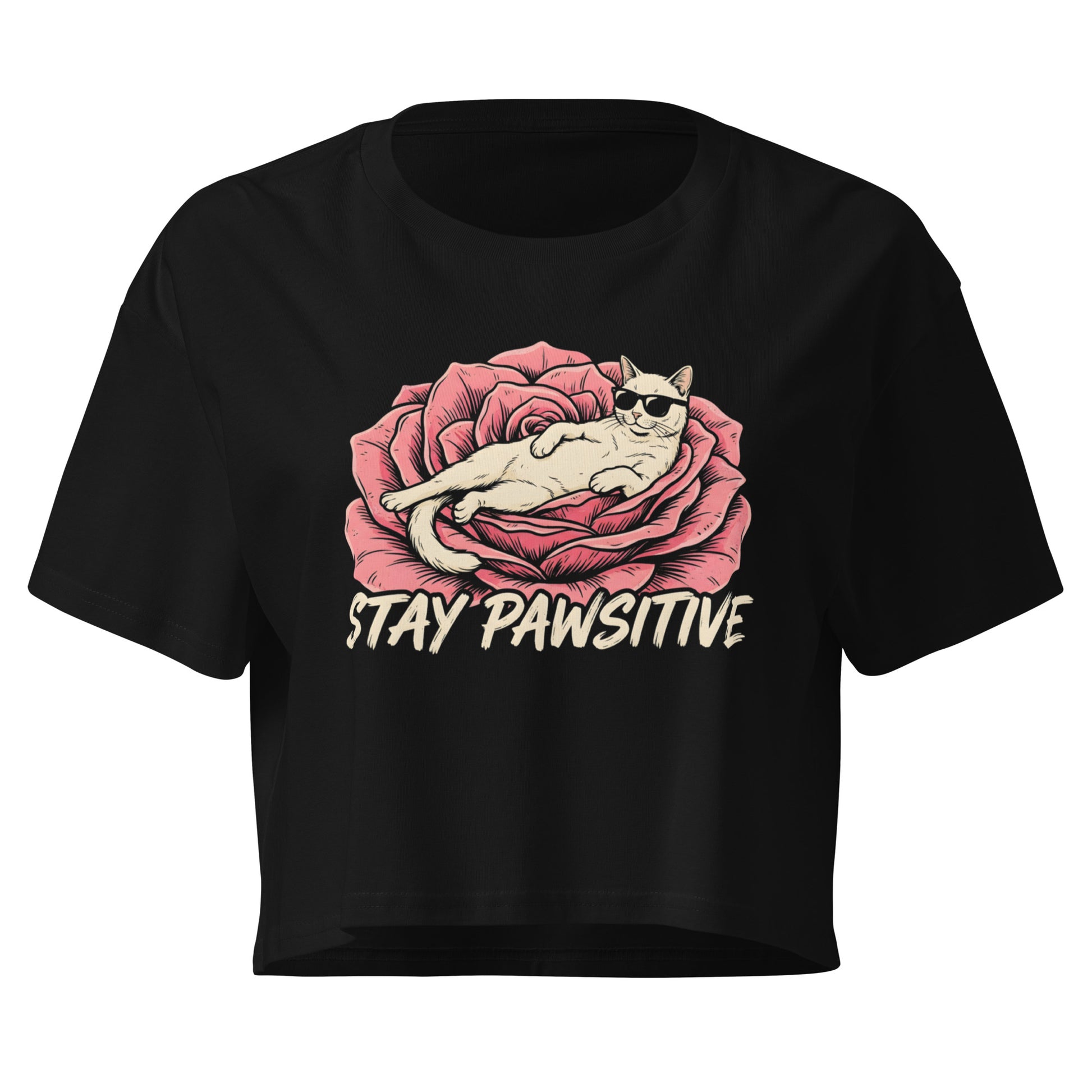 Black t-shirt with a cat graphic and 'Stay Pawsitive' text on a white background