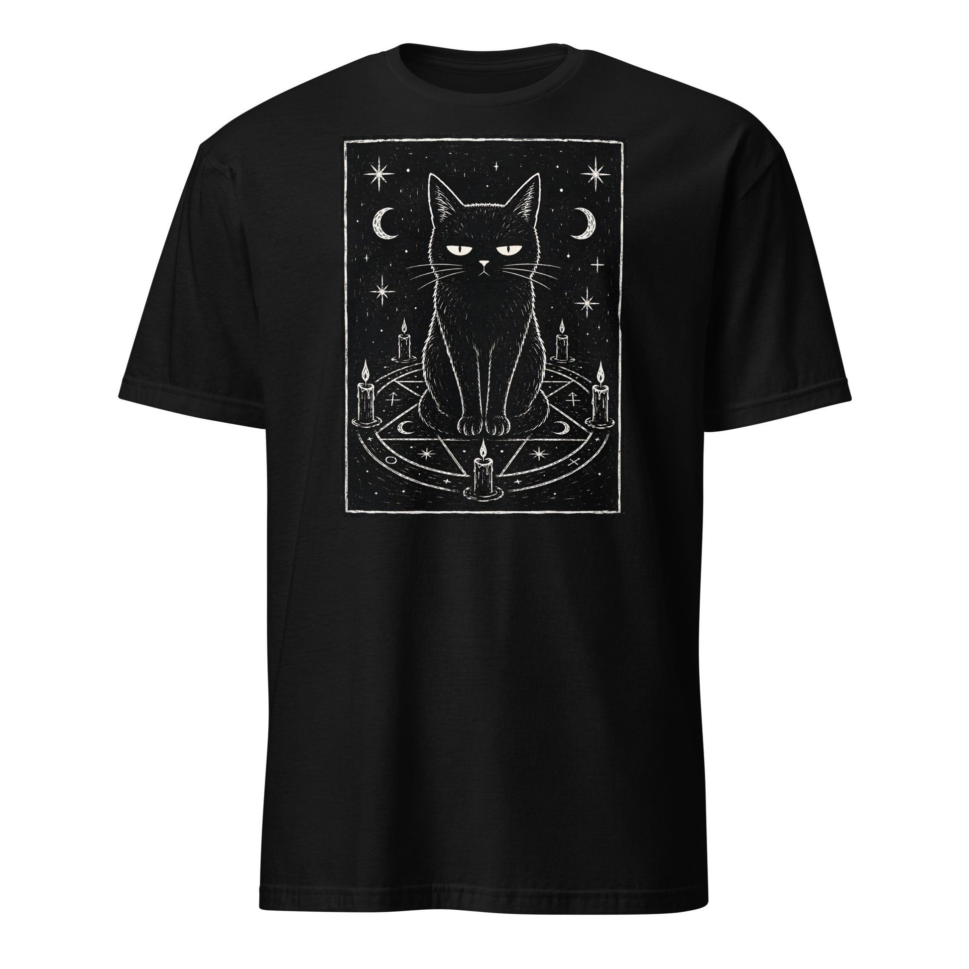 Black t-shirt with a small gold logo on a white background