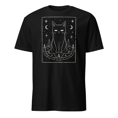 Black t-shirt with a small gold logo on a white background
