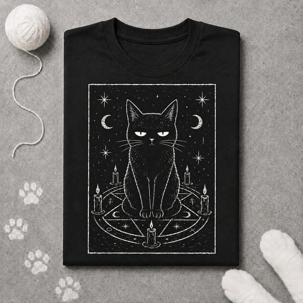 Black t-shirt with a white cat graphic on a gray surface