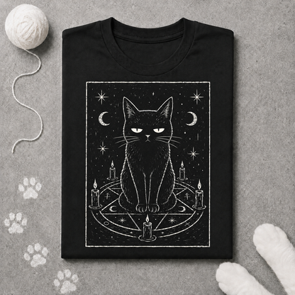 Black t-shirt with a white cat graphic on a gray surface