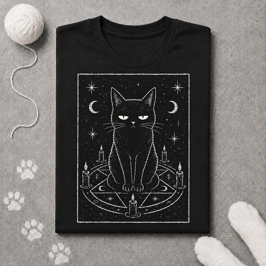 Black t-shirt with a white cat graphic on a gray surface