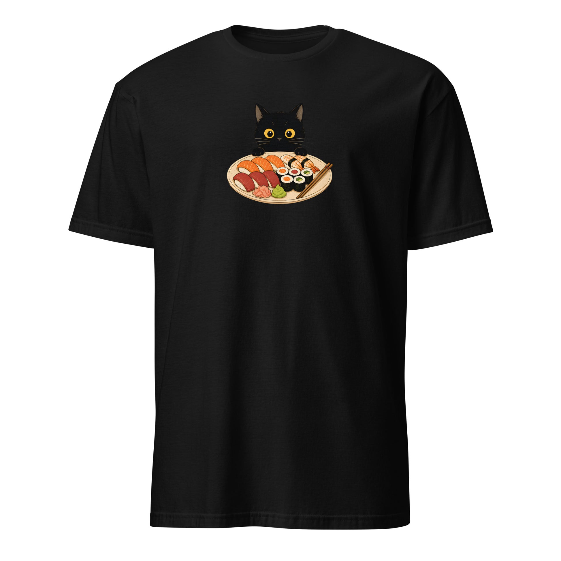 Black t-shirt with a cat and sushi plate design on a white background