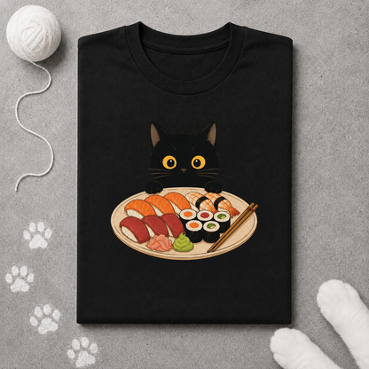 Black t-shirt with a cat holding a plate of sushi design on a gray background