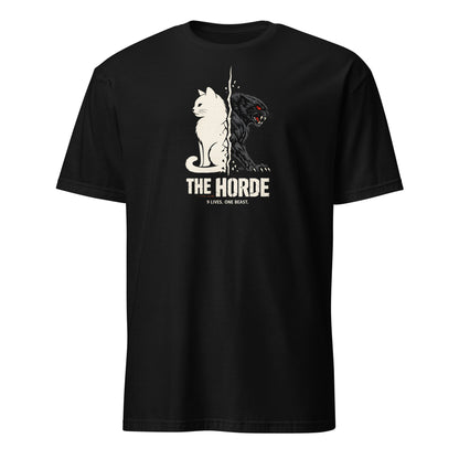 Black t-shirt with a graphic design and text on a white background