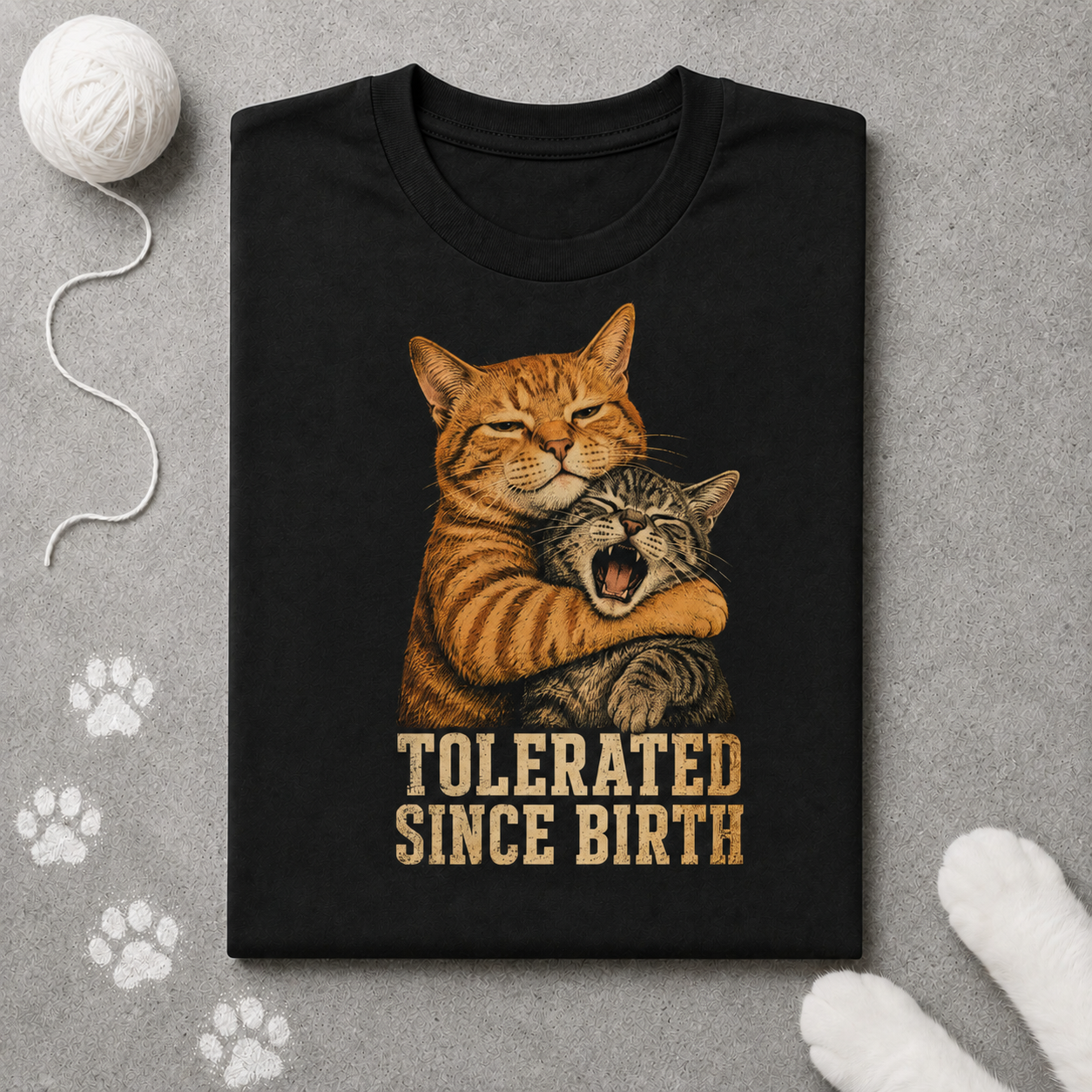 Black t-shirt with two cats hugging and 'Tolerated Since Birth' text on a gray background with cat toys.