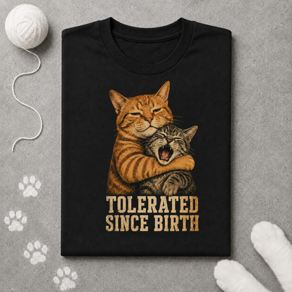 Black t-shirt with two cats hugging and 'Tolerated Since Birth' text on a gray background with cat toys.