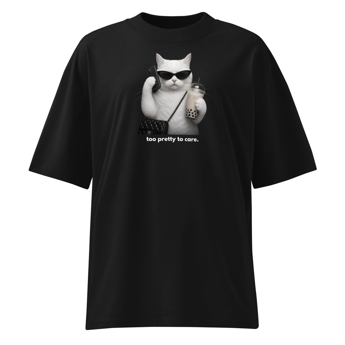 Black t-shirt with white text on a white background