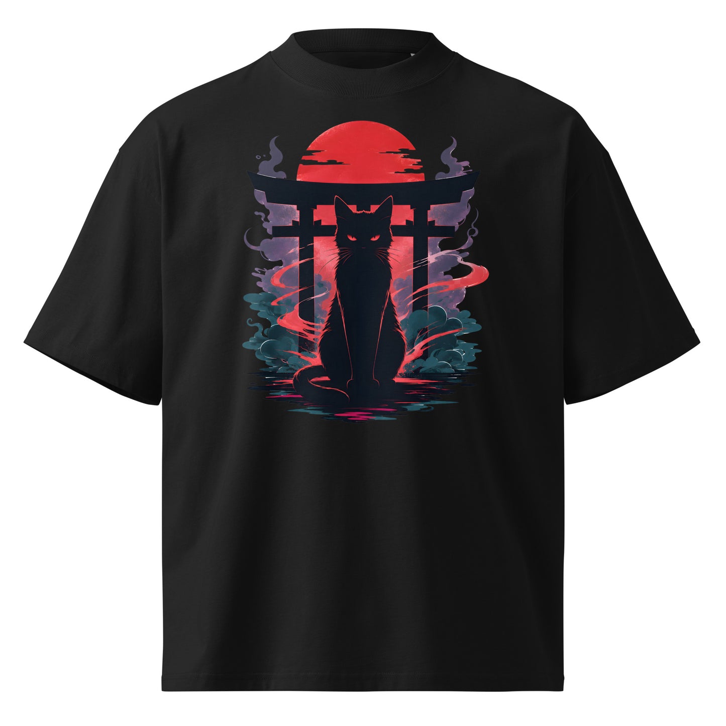 Black t-shirt with a cat silhouette design featuring a red moon and blue smoke on a white background