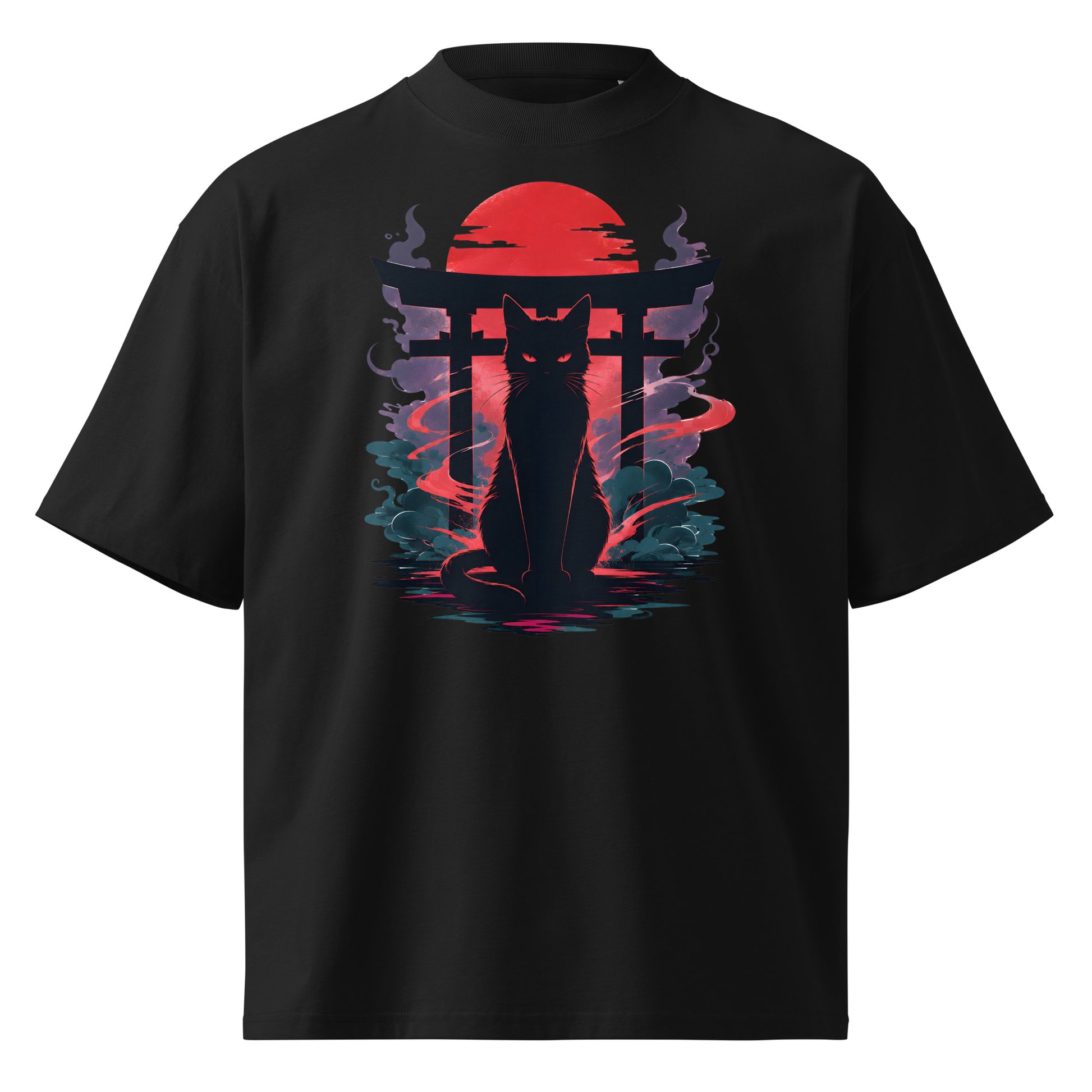 Black t-shirt with a cat silhouette design featuring a red moon and blue smoke on a white background