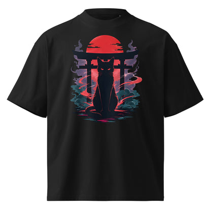 Black t-shirt with a cat silhouette design featuring a red moon and blue smoke on a white background