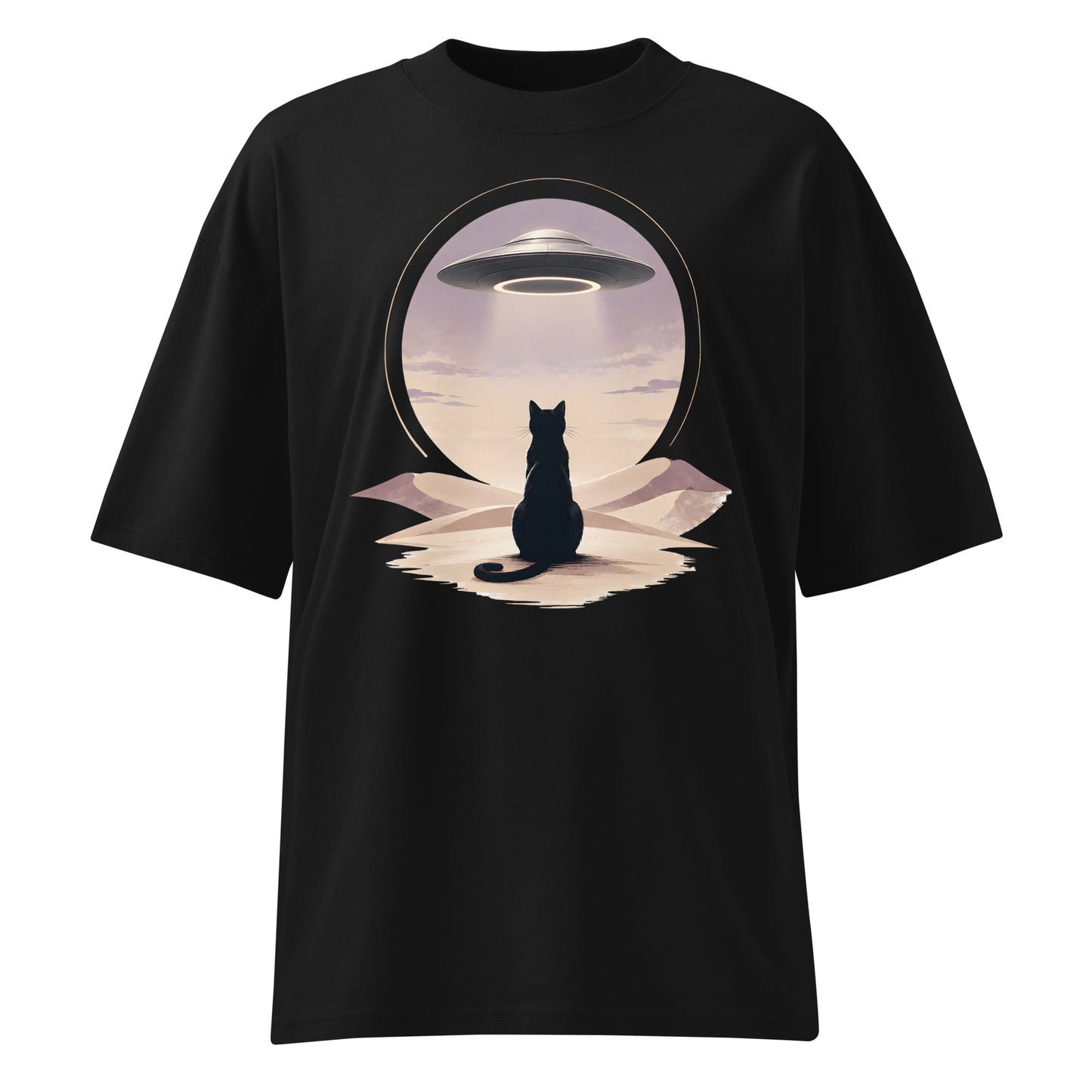 Black t-shirt with a graphic of a cat and UFO on a white background