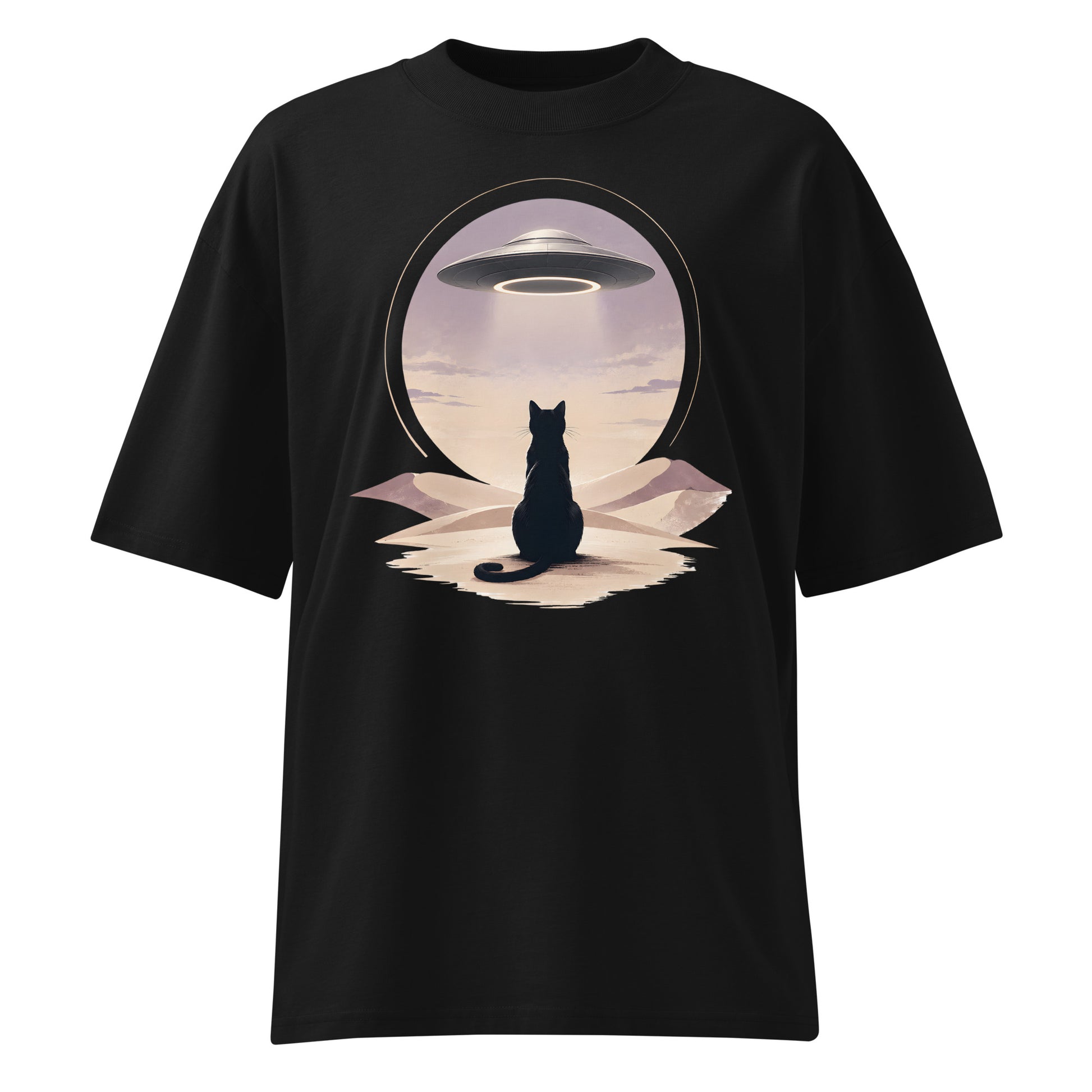 Black t-shirt with a graphic of a cat and UFO on a white background