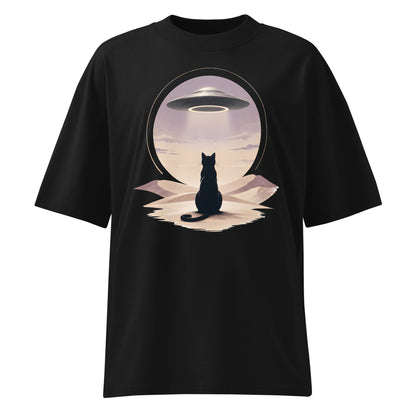 Black t-shirt with a graphic of a cat and UFO on a white background