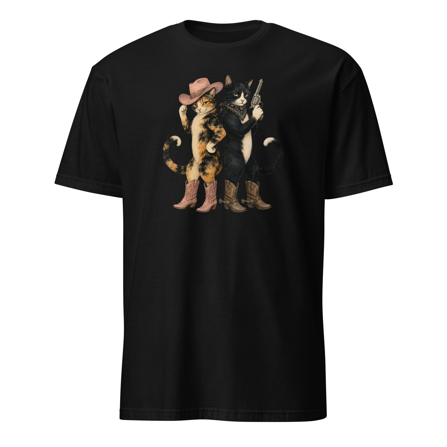 Black t-shirt with a graphic of two cats wearing hats on a white background