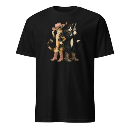 Black t-shirt with a graphic of two cats wearing hats on a white background