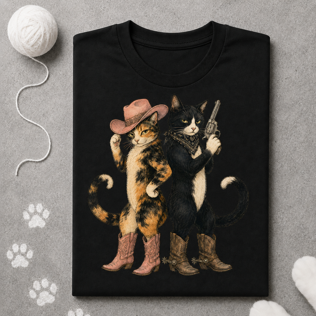Black t-shirt with a graphic of two cats in cowboy hats and boots, on a gray background.