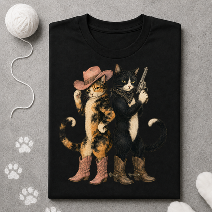 Black t-shirt with a graphic of two cats in cowboy hats and boots, on a gray background.