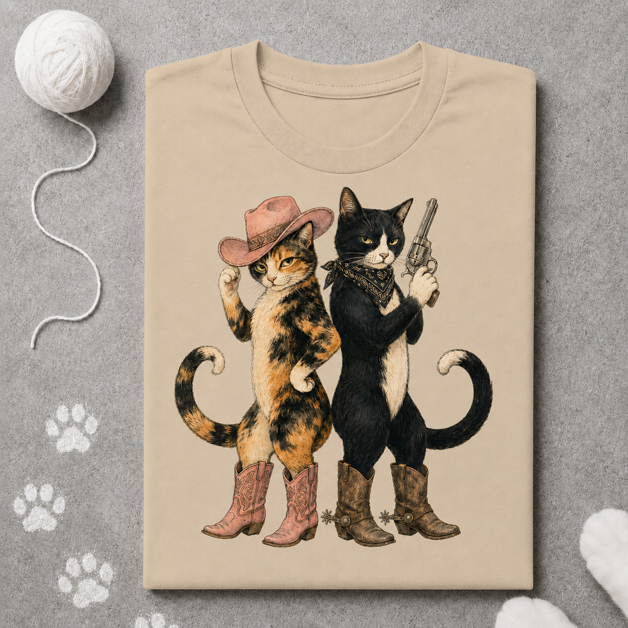 Beige t-shirt with cowboy cats design on a gray background